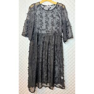 Solution‎ Black Sheer Black Embroidered Mesh Babydoll Dress Bell Sleeve Size M